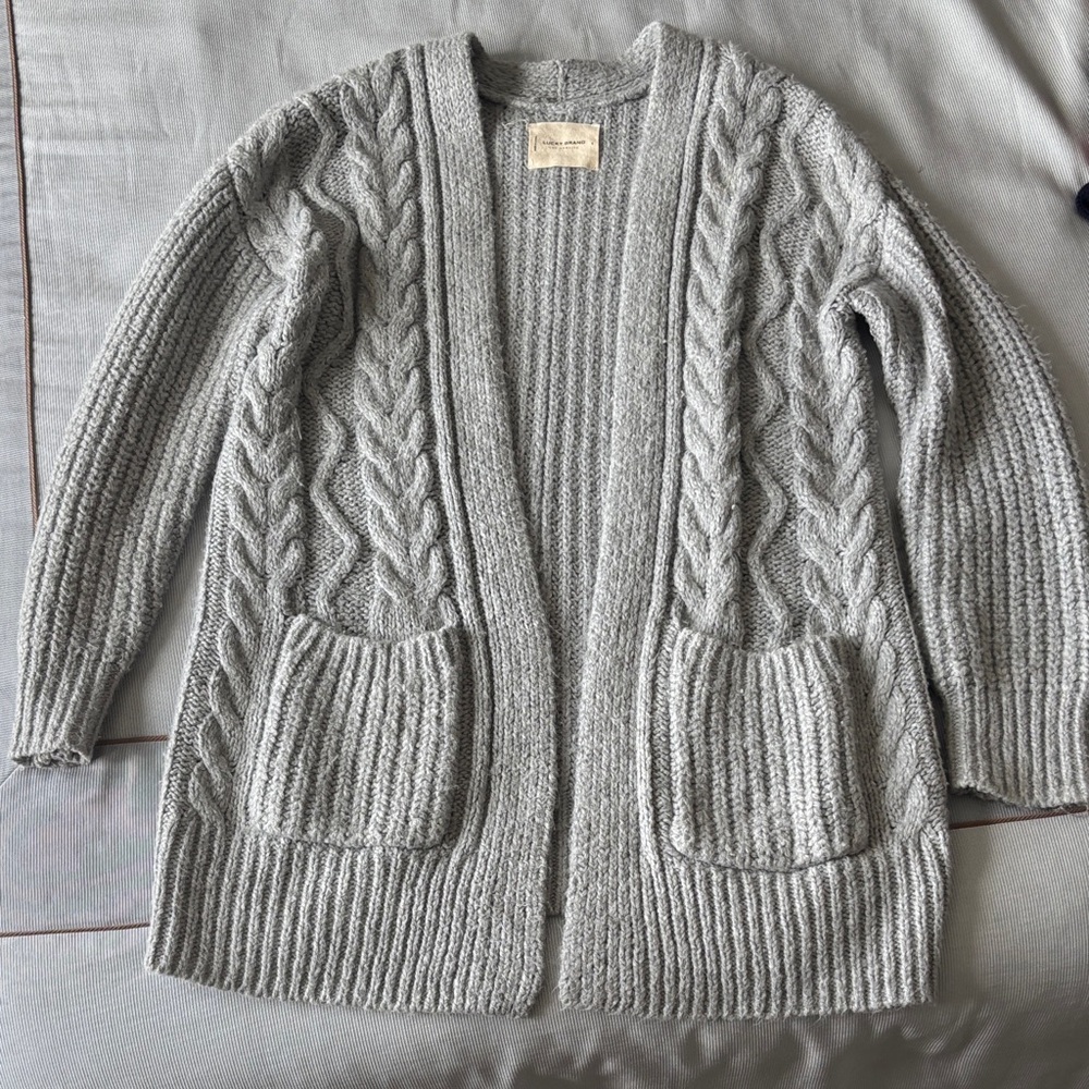Lucky Brand Light Gray Cable Knit Open Cardigan with Front Pockets